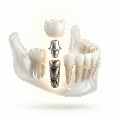 ブランシュ歯科インプラント構造説明、歯茎の骨に埋入されるフィクスチャーと補綴クラウン構成