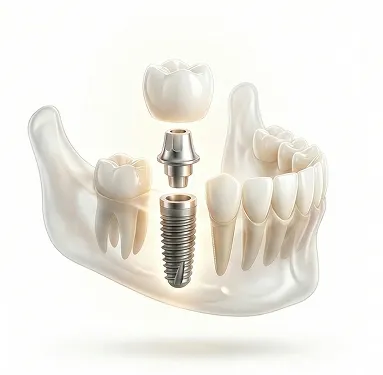 블랑쉬치과 임플란트 구조 설명, 잇몸뼈에 식립되는 픽스처와 보철 크라운 구성